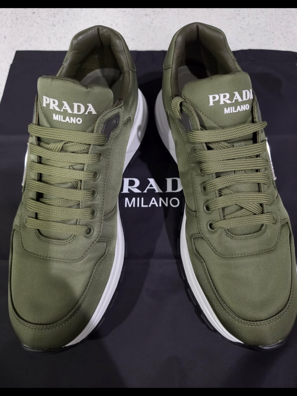 4Prada Men's Olive Green Low-Top Prax Sneakers  with White Soles